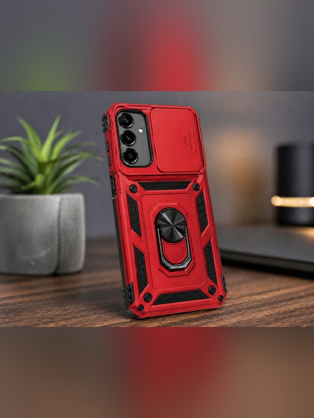 Rugged Phone Case A15 Sliding Camera Cover Ring Stand Shockproof Heavy Duty Red